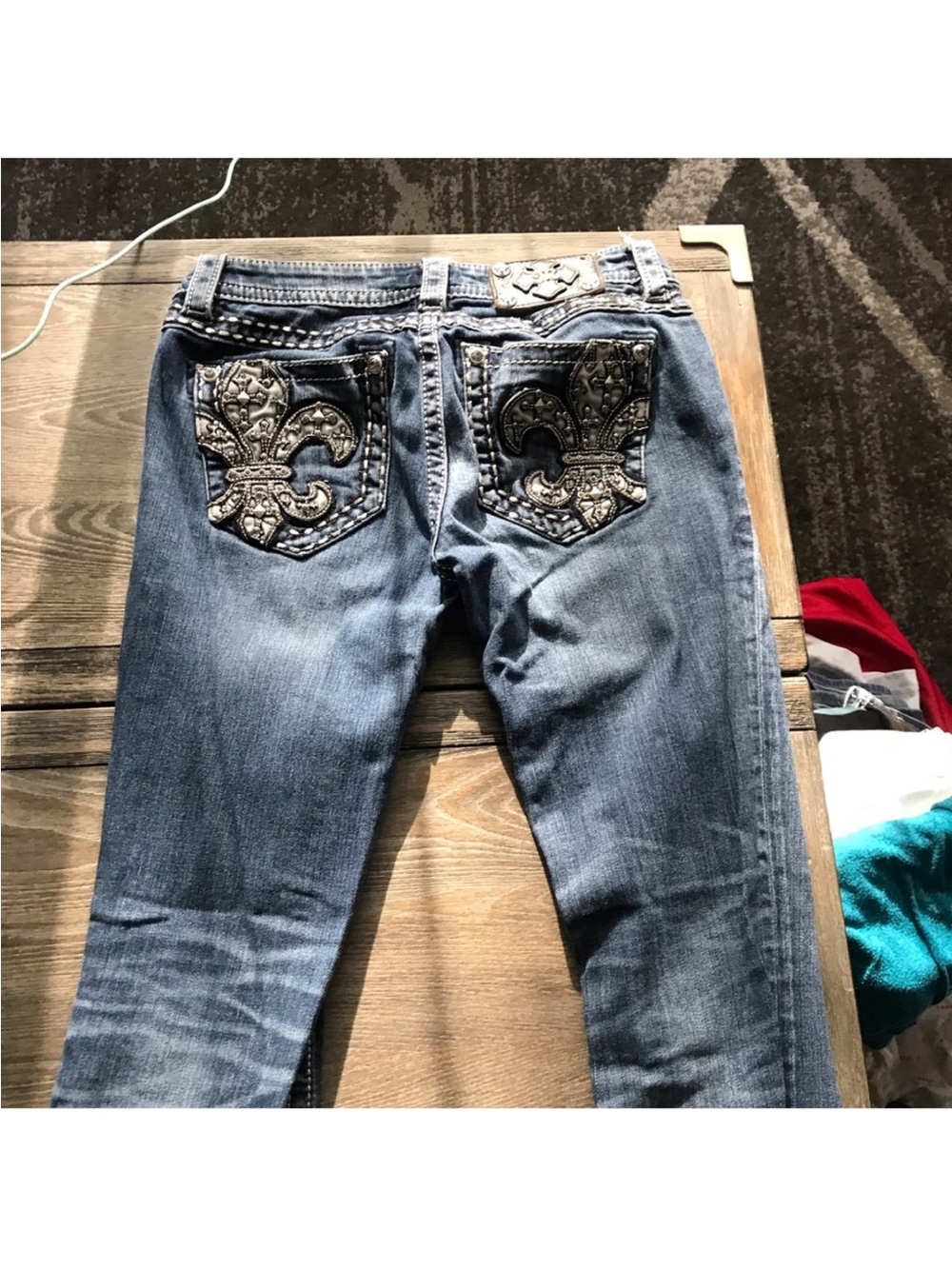 Miss Me Blue Boot Cut Jeans with Embellished Fleur de Lis Pockets 27